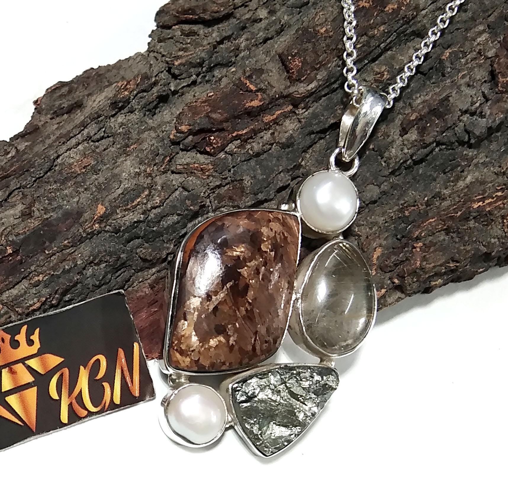 ALL Natural Gemstone Pendant, Bronzite With Real Multi Stone Pendant, 925 Starling Silver Jewelry Pendant, Handmade Making Stylish Pendant